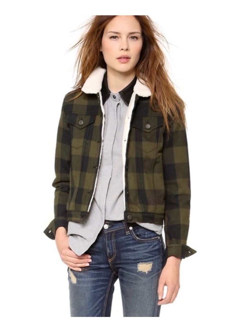 rag & bone Olive Plaid Sherpa Jean Jacket Utility Streetwear Size Small